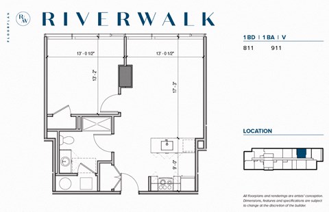 Floor plan for 1 bed, 1 bath, 709 sqft